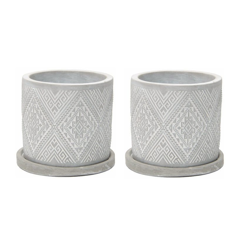 round modern diamond design cement flower pot set of 2 with saucer - grey wash