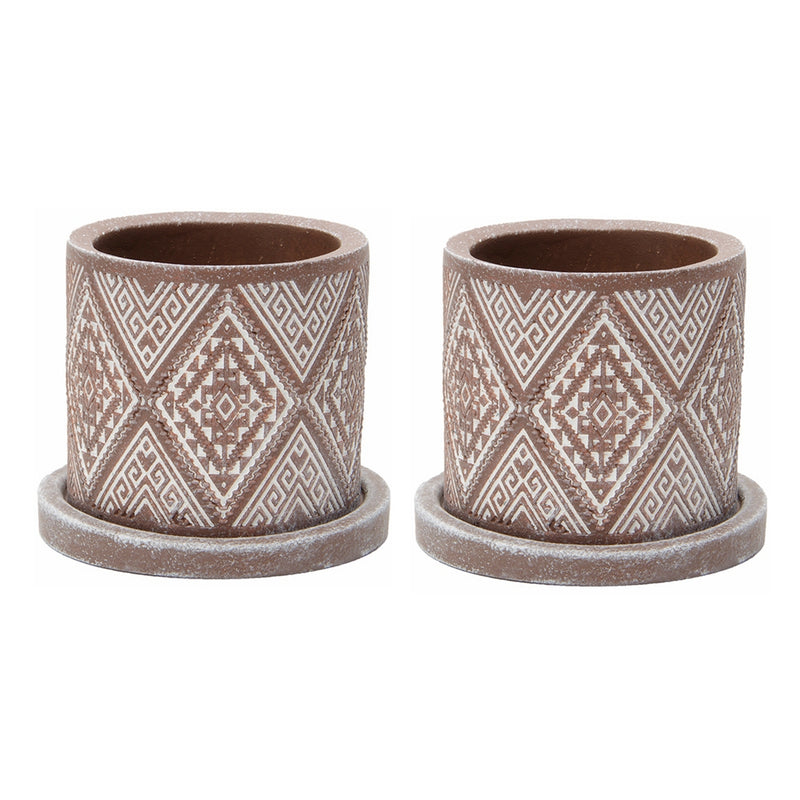 round modern diamond design cement flower pot set of 2 with saucer - brown wash