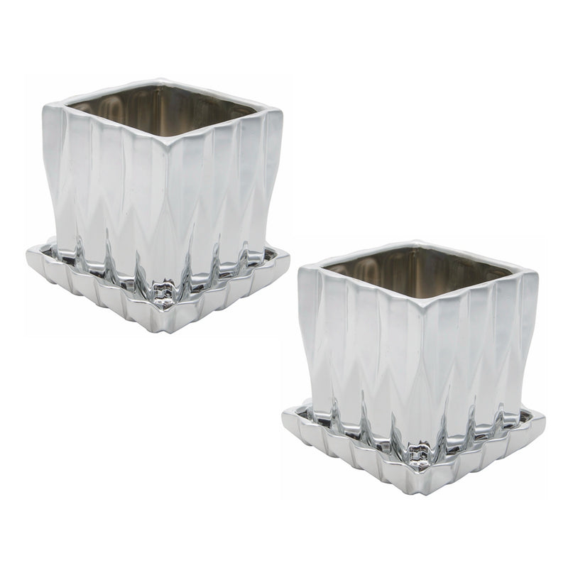 square origami ceramic planter set of 2 with saucer- metallic silver