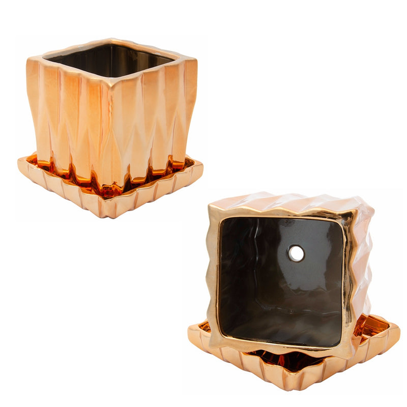 square origami ceramic planter set of 2 with saucer -metallic copper