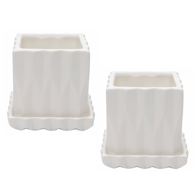 square origami ceramic planter set of 2 with saucer -matte white