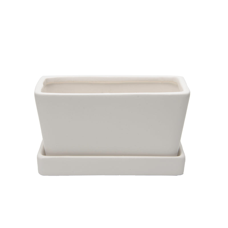 rectangular ceramic planter with saucer - matte white