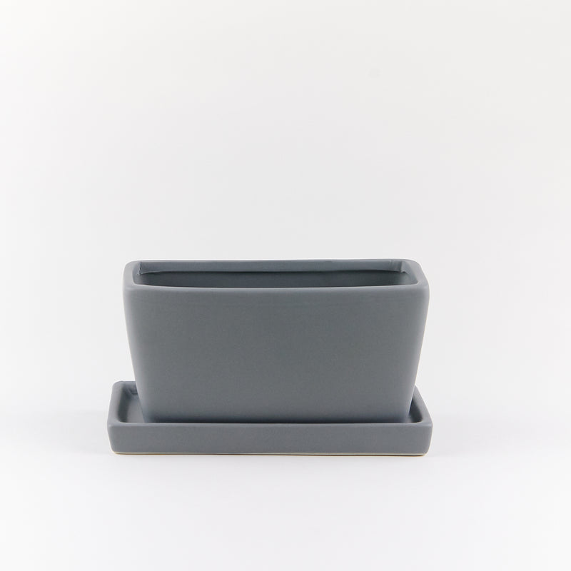 rectangular ceramic planter with saucer - matte grey
