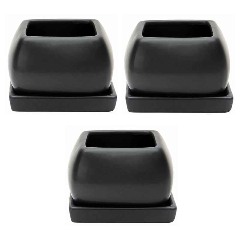 soft square ceramic planter set of 3 with saucer - matte black