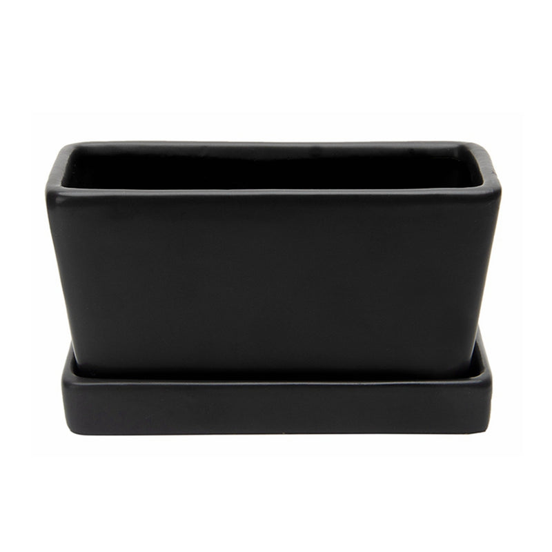 rectangular ceramic planter with saucer - matte black
