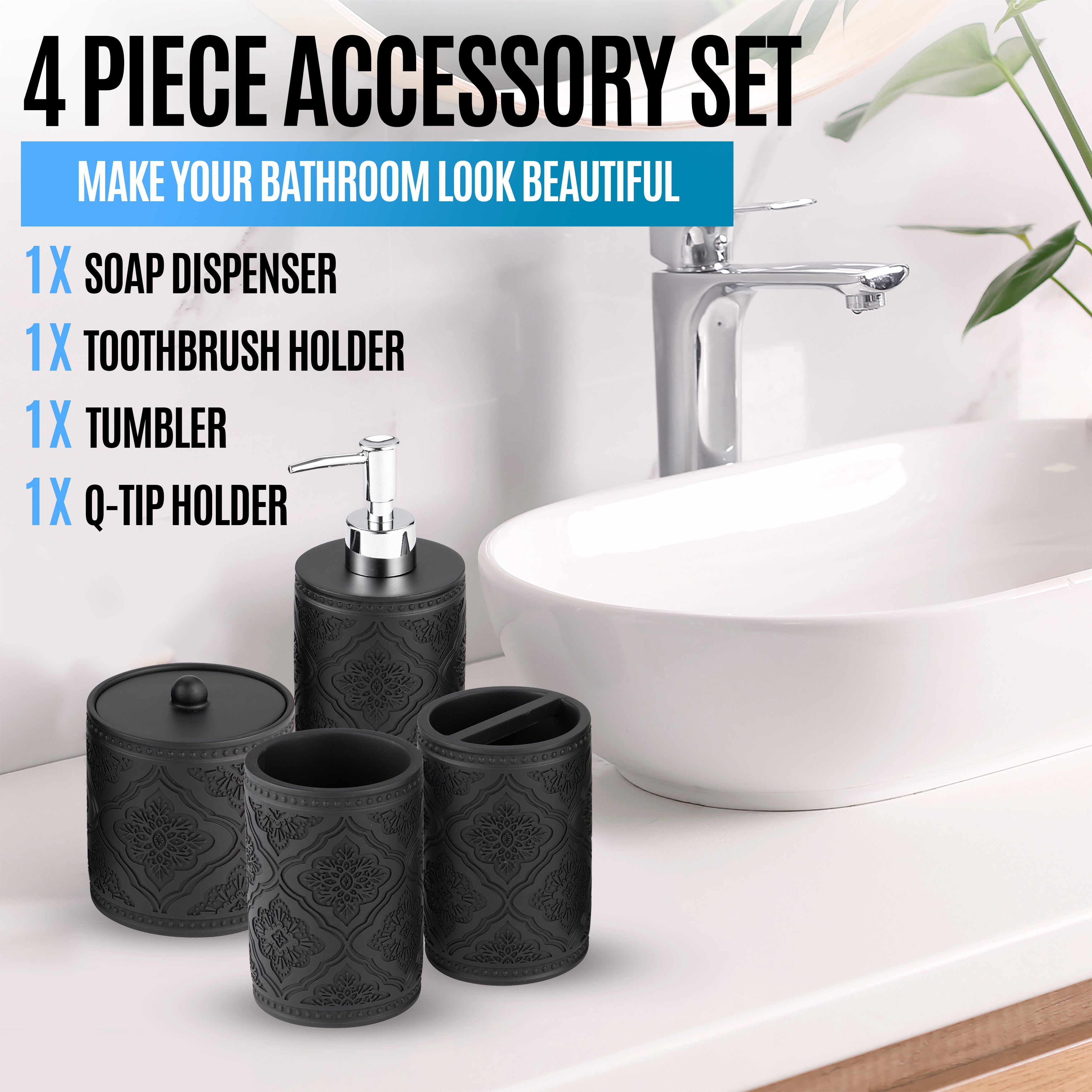 4 Piece Matte Black Resin Bathroom Accessory Set, Includes Soap